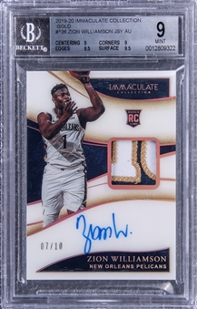 2019-20 Panini Immaculate Collection Gold #136 Zion Williamson Signed Patch Rookie Card (#07/10) - BGS MINT 9/BGS 10
